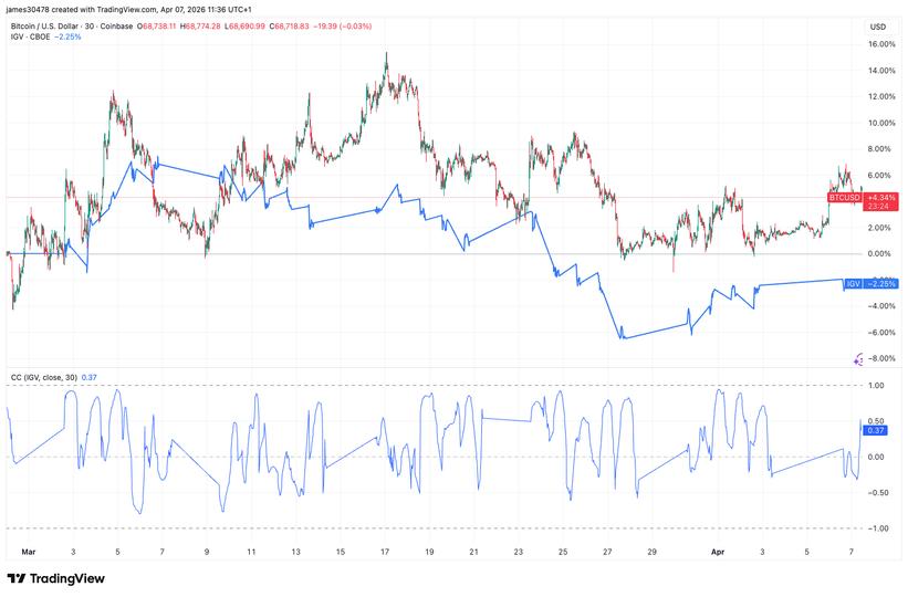 Bitcoin up, software stocks down since the war began