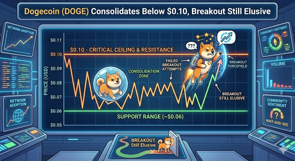 Dogecoin (DOGE) Consolidates Below $0.10, Breakout Still Elusive