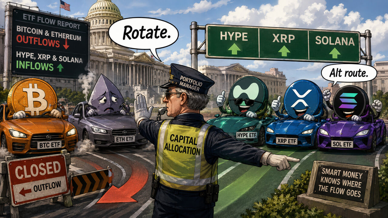 Illustration of crypto ETF flows showing Bitcoin and Ethereum outflows while HYPE, XRP and Solana attract inflows.